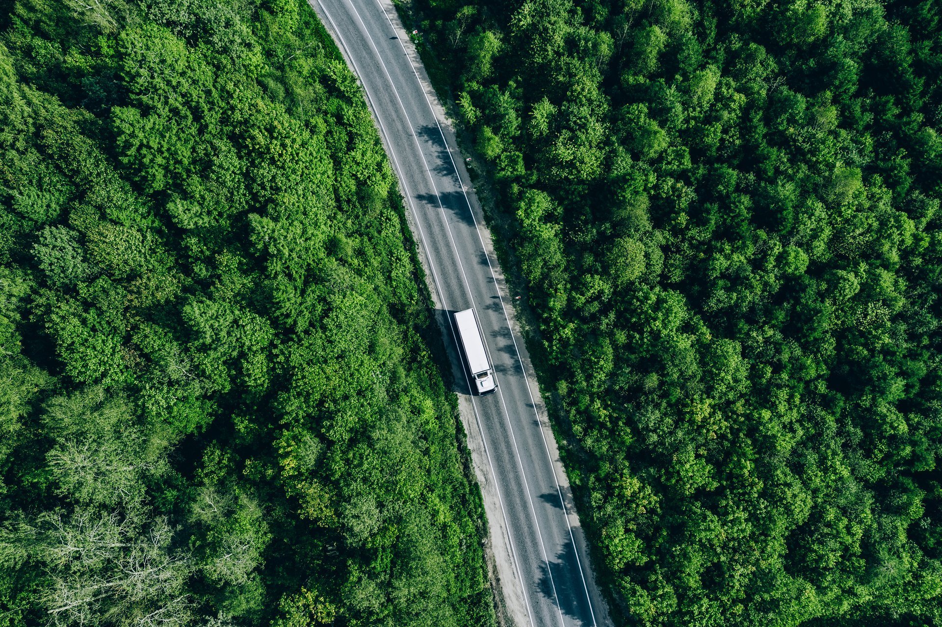 Aerial view of truck on curved road